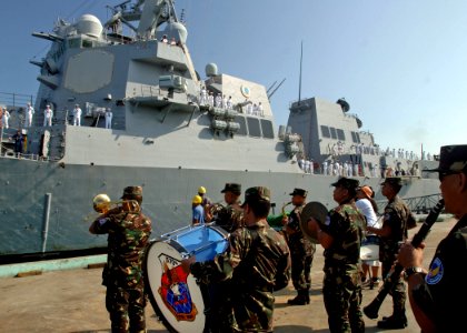 US Navy 110628-N-NJ145-206 The Armed Forces of the Philippines Air Force 507th Composite Tactical Wing Band performs for Sailors manning the rails