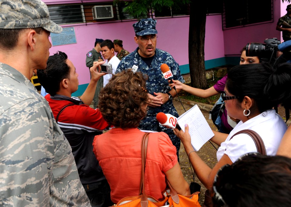 US Navy 110624-F-ET173-114 Commodore Brian Nickerson, mission commander of Continuing Promise 2011, answers questions from journalists following a