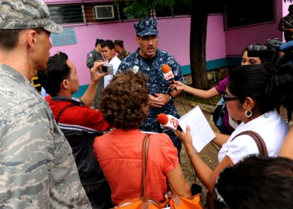 US Navy 110624-F-ET173-114 Commodore Brian Nickerson, mission commander of Continuing Promise 2011, answers questions from journalists following a photo