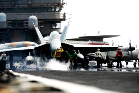 US Navy 110627-N-GL340-053 An F-A-18F Super Hornet prepares to launch from USS Ronald Reagan (CVN 76)