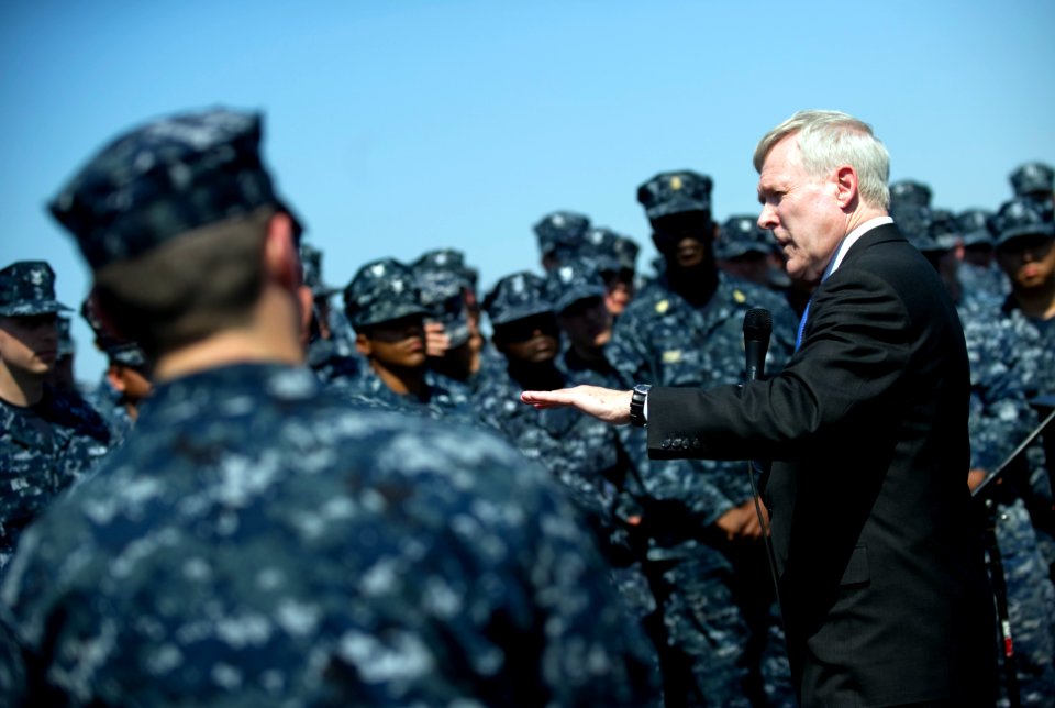 US Navy 110624-N-UH963-146 Secretary of the Navy (SECNAV) the Honorable Ray Mabus addresses Sailors during an all-hands call aboard the Arleigh Bur