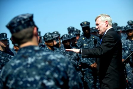 US Navy 110624-N-UH963-146 Secretary of the Navy (SECNAV) the Honorable Ray Mabus addresses Sailors during an all-hands call aboard the Arleigh Bur