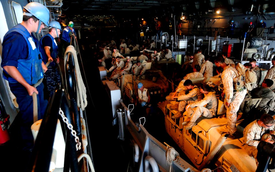 US Navy 110627-N-OS574-121 A landing craft utility repares to offload passengers and equipment onto USS Mesa Verde (LPD 19)