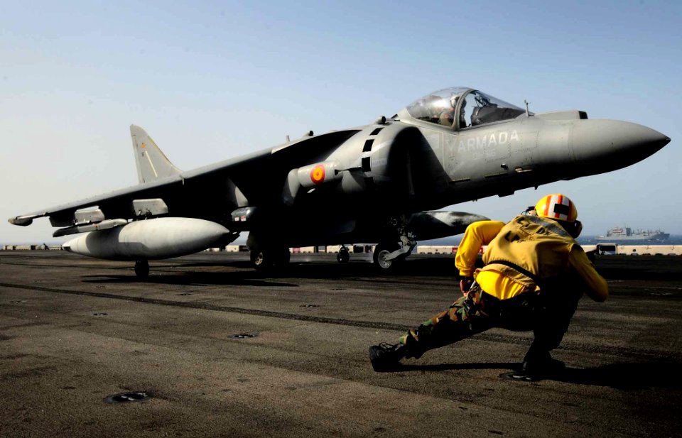US Navy 110625-N-EC658-023 A Sailor conducts final pre-flight checks on an AV-8B Harrier assigned to the 9th Spanish Harrier Squadron (9 FS) prior