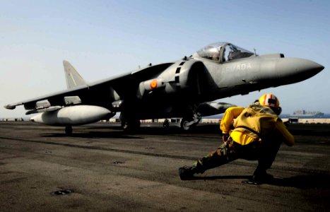 US Navy 110625-N-EC658-023 A Sailor conducts final pre-flight checks on an AV-8B Harrier assigned to the 9th Spanish Harrier Squadron (9 FS) prior