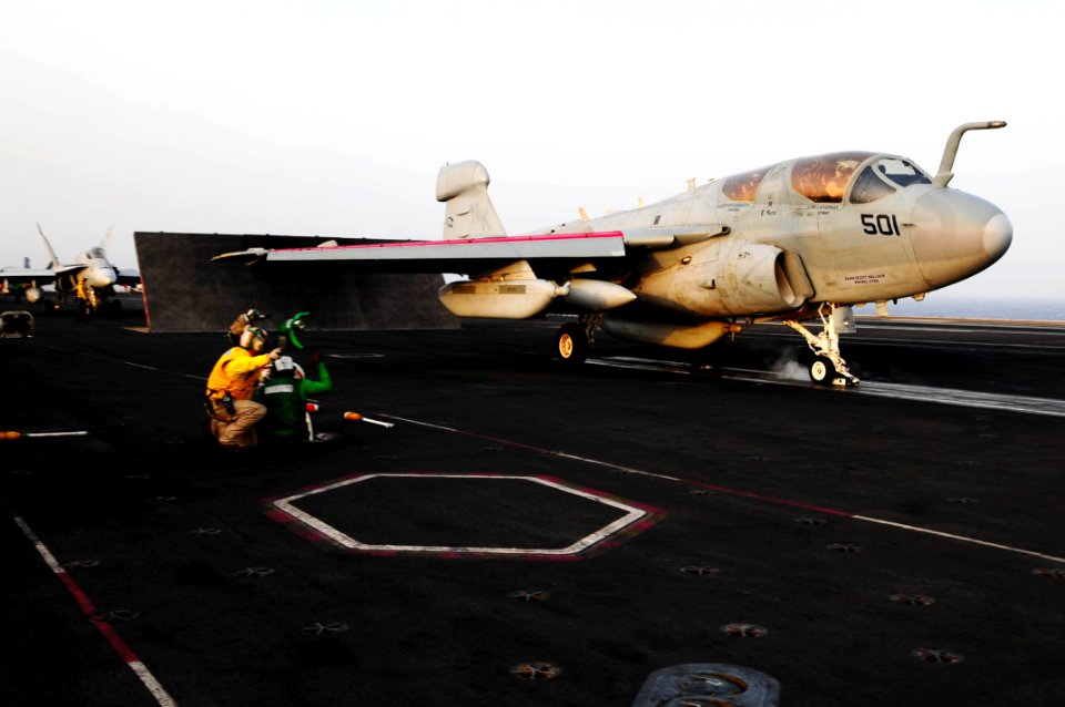 US Navy 110625-N-UO379-039 An EA-6B Prowler assigned to the Cougars of Tactical Electronic Warfare Squadron (VAQ) 139 launches from the aircraft ca