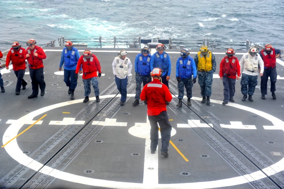 US Navy 110626-N-PB383-001 Sailors assigned to the guided-missile frigate USS McClusky (FFG 41) conduct a foreign object damage walk down