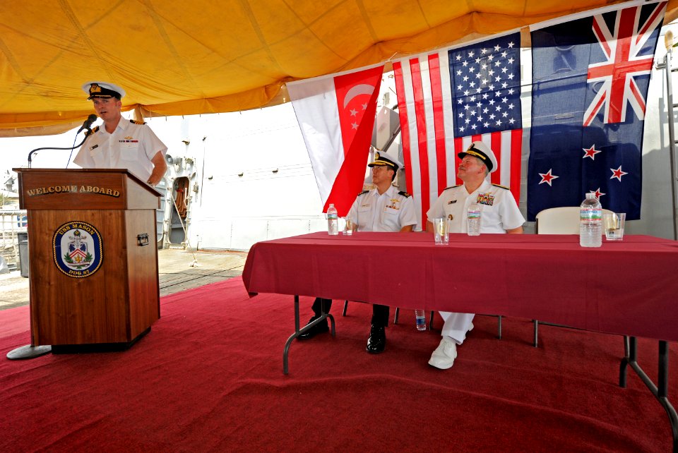 US Navy 110630-N-TY225-072 Royal New Zealand Navy Capt. Jim Gilmour speaks during a change of command ceremony for Combined Task Force (CTF) 151