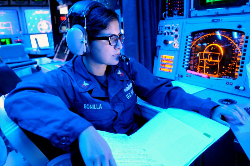 US Navy 110630-N-KB052-665 Sonar Technician (Surface) 1st Class Jessica Bonilla, from Inglewood, Calif., stands the surface warfare coordinator wat