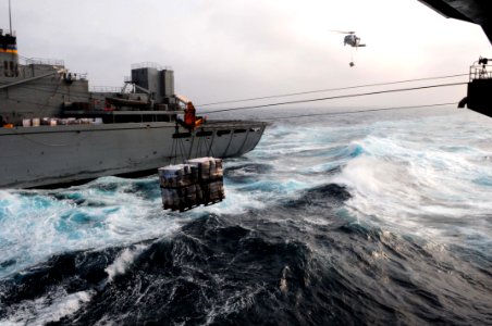 US Navy 110630-N-UO379-267 A pallet of supplies from the Military Sealift Command fast combat support ship USNS Bridge (T-AOE 10) is transferred to