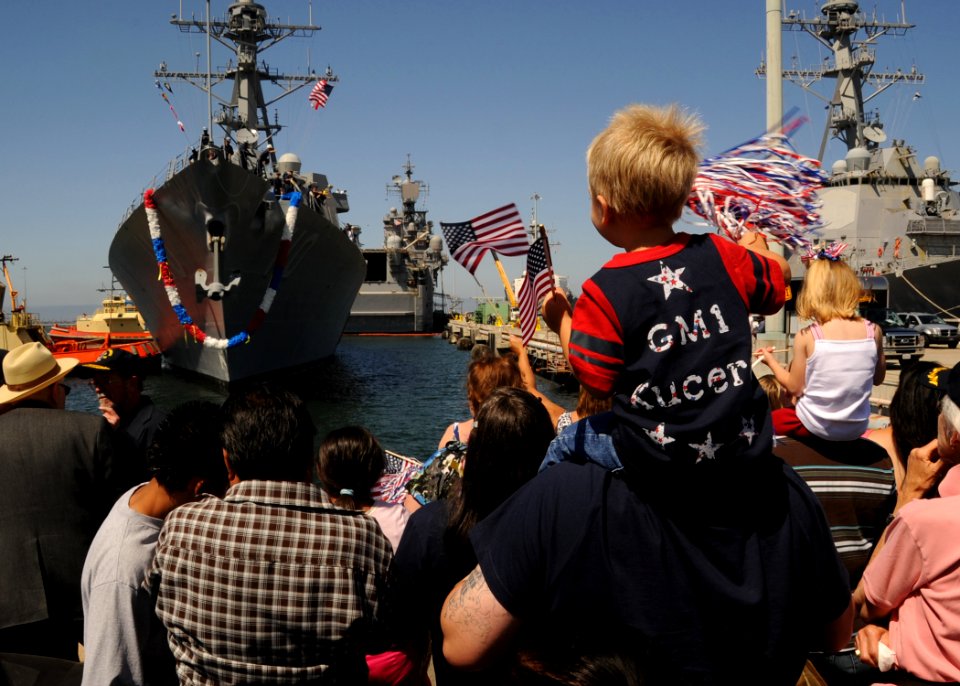 US Navy 110701-N-DI719-016 Friends and family members greet Sailors aboard the guided-missile destroyer USS William P. Lawrence (DDG 110) at Naval