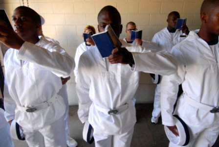 US Navy 110629-N-OA833-003 Plebes in the U.S. Naval Academy Class of 2015 stand at attention and begin memorizing portions of