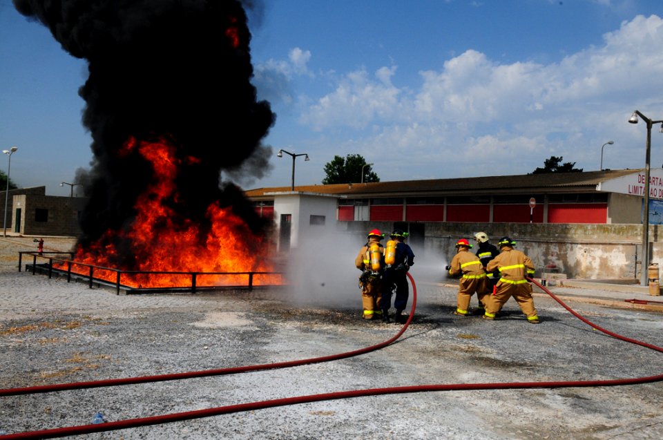 US Navy 110701-N-NR955-176 A firefighting team puts out a fire during a disaster training exercise at the Portuguese School of Naval Technologies t