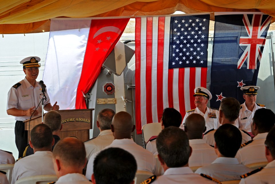 US Navy 110630-N-TY225-007 Republic of Singapore navy Rear Adm. Harris Chan speaks to U.S. Navy Sailors aboard the Arleigh Burke-class guided-missi