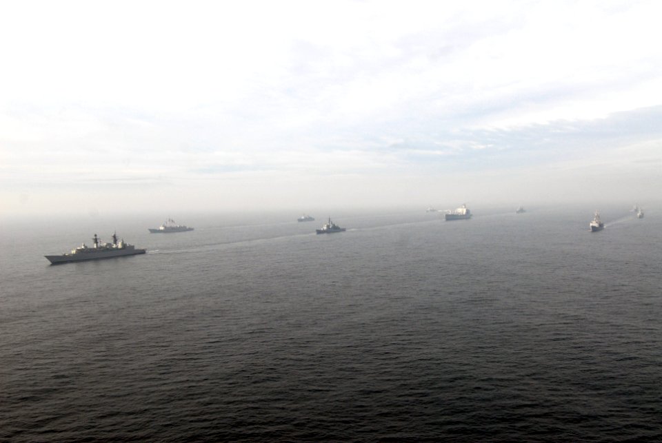 US Navy 110629-N-ZI300-069 Thirteen ships from the navies of the U.S., Chile, Colombia, Ecuador and Peru transit in formation for a photo exercise