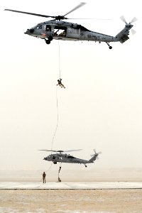 US Navy 110630-N-WL435-103 Navy explosive ordnance disposal technicians assigned to Task Group (TG) 56.1 perform a tactical personnel insertion