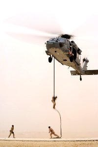US Navy 110630-N-WL435-074 Navy explosive ordnance disposal technicians assigned to Task Group (TG) 56.1 perform a tactical personnel insertion dur