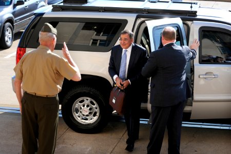 US Navy 110701-D-WQ296-010 Lt. Gen. John Kelly greets Leon E. Panetta as he arrives at the Pentagon for his first day as the nation's 23rd Secretar photo