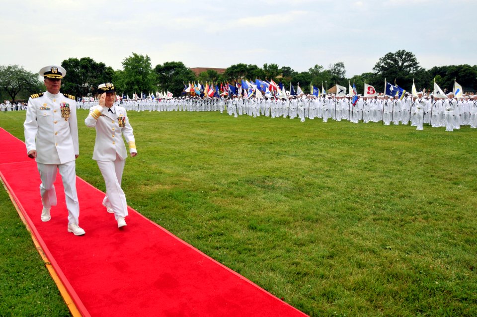 US Navy 110701-N-IK959-513 Vice Adm. Ann E. Rondeau, president of National Defense University, troops the line with Capt. Steven G. Bethke, command