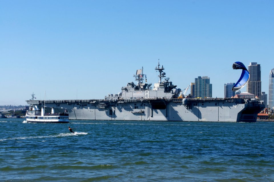 US Navy 110630-N-ZC343-009 The amphibious assault ship USS Makin Island (LHD 8) navigates San Diego Bay on its way to the Pacific Ocean for sea tri
