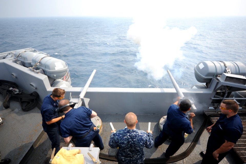 US Navy 110704-N-DE843-020 Sailors assigned to the weapons department aboard the aircraft carrier USS Dwight D. Eisenhower (CVN 69) perform a 21-gu