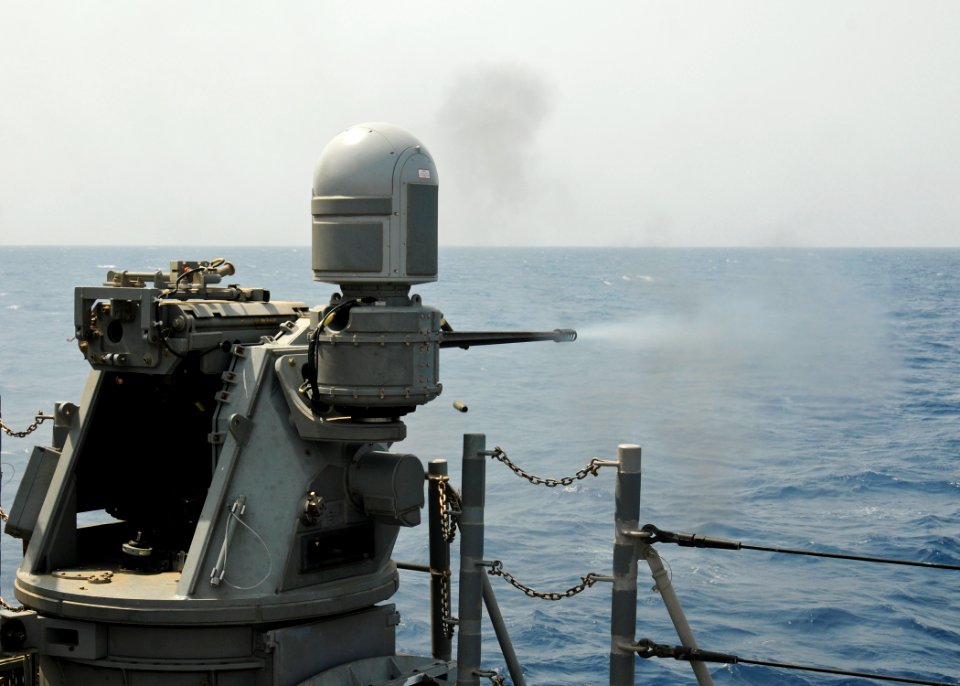 US Navy 110706-N-YM590-134 An MK-38 25 mm machine gun fires during a weapons live-fire exercise aboard USS Anzio (CG 68)