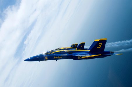 US Navy 110707-N-BA418-085 The Blue Angels, performs a line abreast loop maneuver during a practice flight demonstration over Pensacola Beach