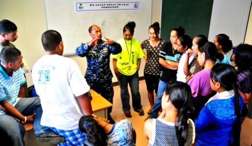 US Navy 110708-N-ZZ999-024 Chief Machinist's Mate Salper Rodriguez speaks to students from the Upward Bound leadership conference featuring speaker
