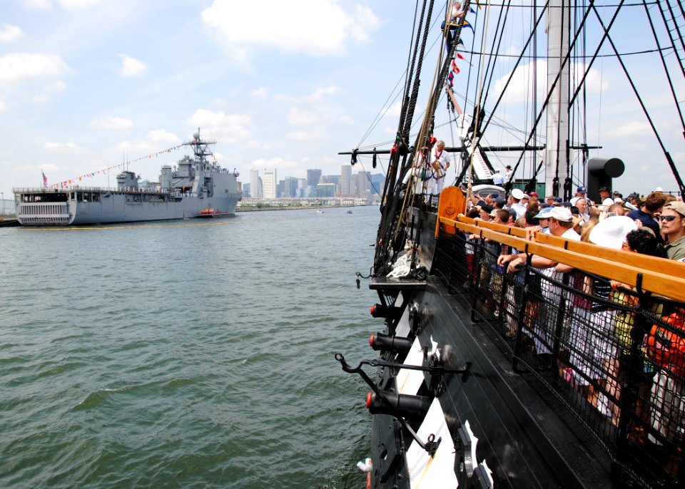 US Navy 110704-N-SH953-641 USS Constitution passes the amphibious dock landing ship USS Oak Hill (LSD 51) during the ship's July 4th underway as pa