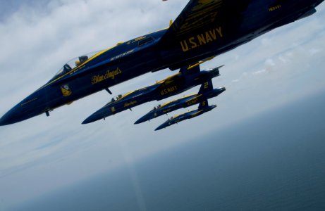 US Navy 110707-N-BA418-090 The Blue Angels, performs a line abreast loop maneuver during a practice flight demonstration over Pensacola Beach