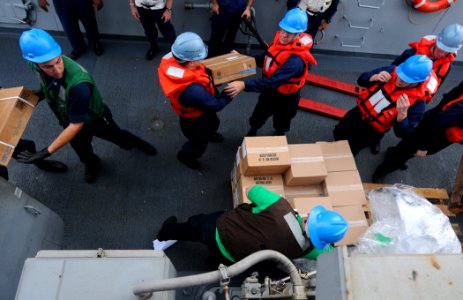 US Navy 110707-N-TB177-127 Sailors move supplies during a connected replenishment aboard the guided-missile destroyer USS Truxtun (DDG 103)