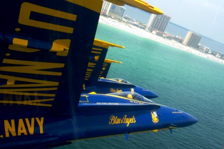 US Navy 110707-N-BA418-073 The Blue Angels, performs a practice flight demonstration over Pensacola Beach