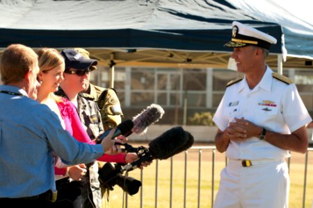 US Navy 110709-N-CZ945-457 Vice Adm. Scott Van Buskirk, right, answers questions from the Australian press during the opening ceremony for Talisman photo