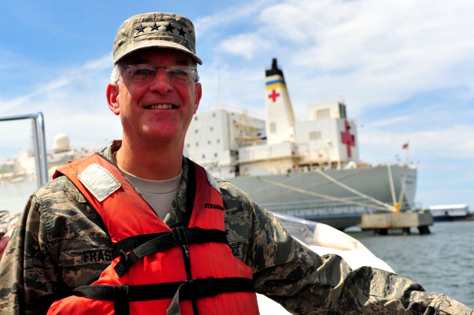 US Navy 110707-F-NJ219-009 Air Force Gen. Douglas Fraser, commander of U.S. Southern Command, rides in a hospitality boat to the Military Sealift C