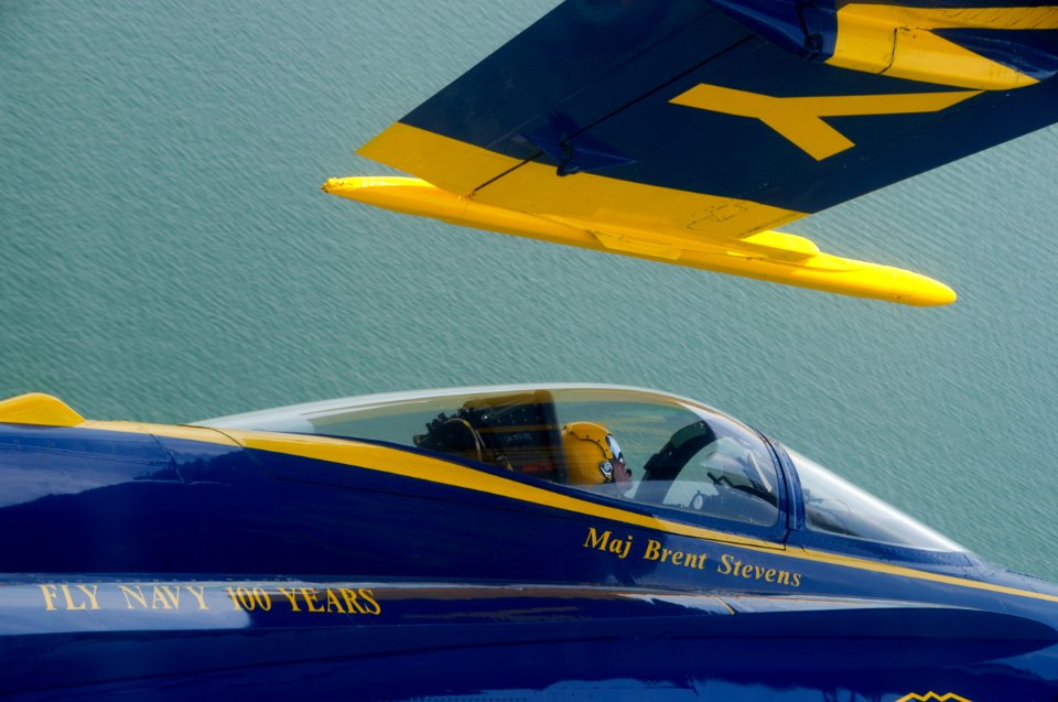 US Navy 110707-N-BA418-022 Maj. Brent Stevens left wingman for the Blue Angels, watches the wingtip of an F-A-18 Hornet during a practice flight de