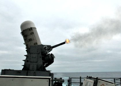 US Navy 110711-N-NL541-021 The Close-In Weapon System (CIWS) is fired during a live-fire gunnery exercise aboard the guided-missile frigate USS Boo