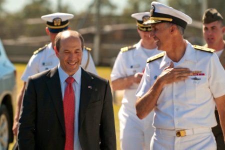US Navy 110709-N-CZ945-490 U.S. Ambassador to Australia Jeffery L. Bleich, left, and Vice Adm. Scott Van Buskirk share a laugh at the opening cerem photo