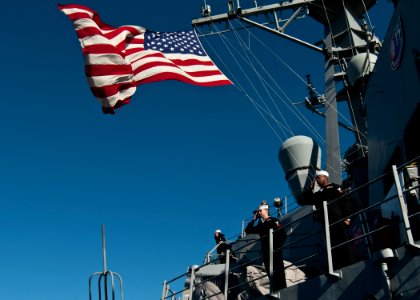 US Navy 110709-N-EA192-019 Sailors assigned to the guided-missile destroyer USS Fitzgerald (DDG 62) salute a Royal Australian Navy frigate