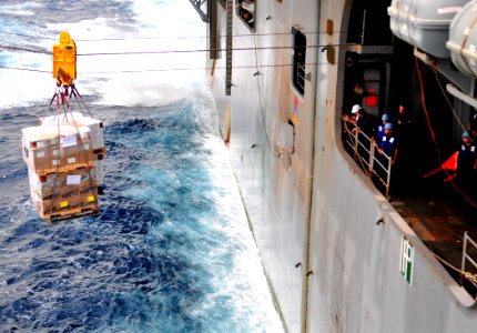 US Navy 110711-N-ZS026-490 The amphibious assault ship USS Boxer (LHD 4) receives pallets of supplies from the Military Sealift Command dry cargo a