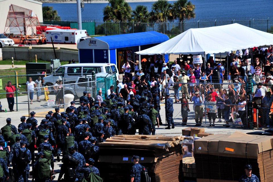 US Navy 110713-N-OP638-030 Sailors assigned to the Rooks of Electronic Attack Squadron (VAQ) 137 depart the aircraft carrier USS Enterprise (CVN 65