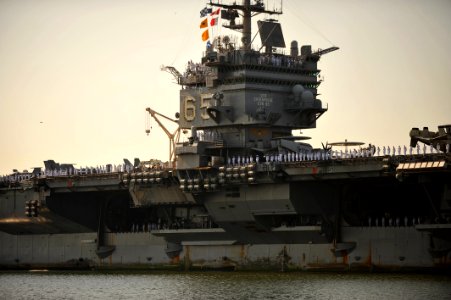 US Navy 110713-N-YR391-012 Sailors man the rails aboard the aircraft carrier USS Enterprise (CVN 65)