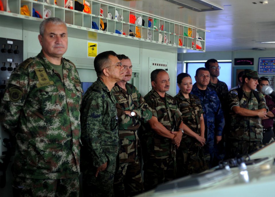 US Navy 110718-N-NY820-085 Military members of the Attache Association from Central and South America tour the bridge aboard the Military Sealift C