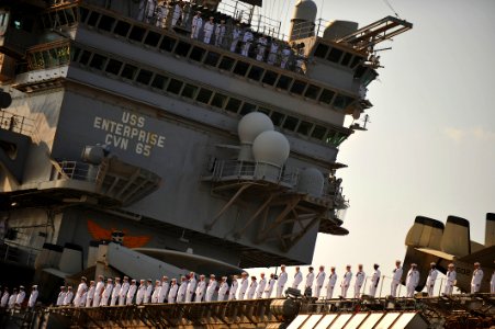 US Navy 110713-N-YR391-034 Sailors man the rails aboard the aircraft carrier USS Enterprise (CVN 65)