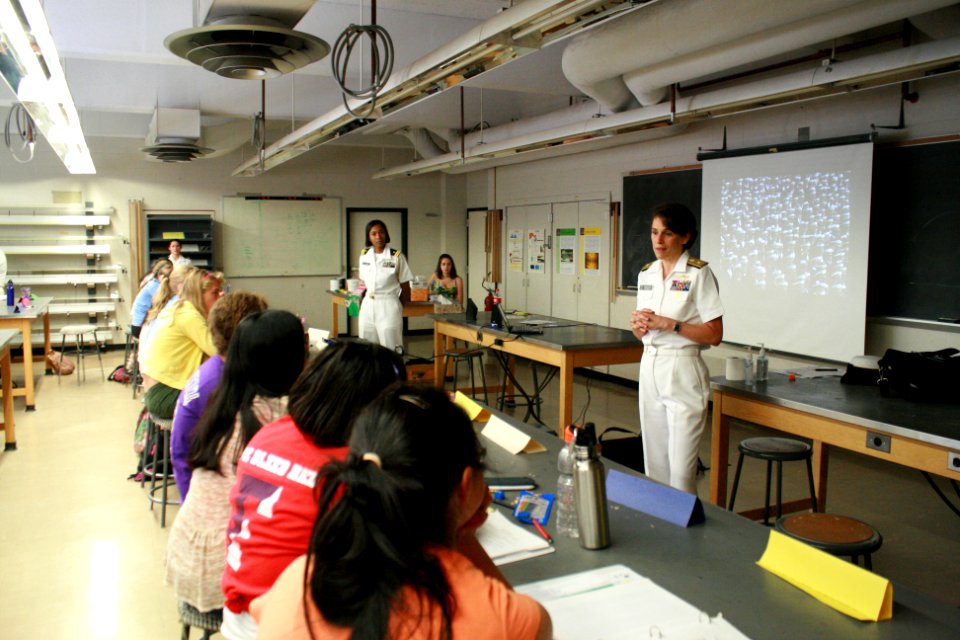 US Navy 110713-N-QE550-021 Rear Adm. Gretchen S. Herbert speaks with young women involved in Pre-College Experiences in Physics (PREP) Summer Progr