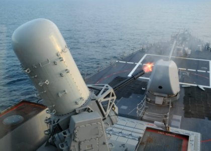 US Navy 110716-N-IO627-021 A close-in weapons system is tested aboard the guided-missile destroyer USS Curtis Wilbur (DDG 54) during a live-fire e photo
