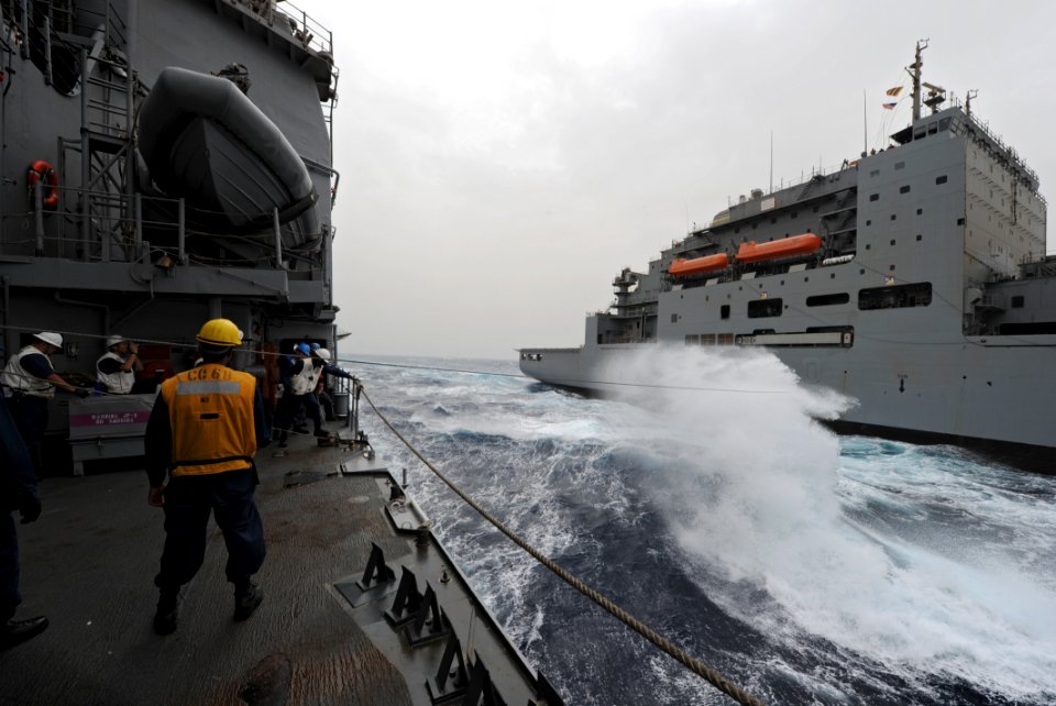 US Navy 110721-N-TY225-034 USS Anzio, USNS Alan Shepard perform a replenishment at sea