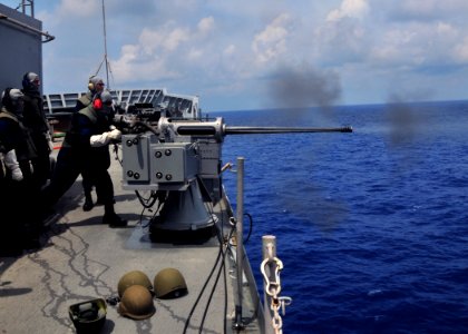 US Navy 110719-N-BK435-045 Gunner's Mate 2nd Class Patrick Boettger, assigned to the submarine tender USS Frank Cable (AS 40), fires a Mark 38 25mm