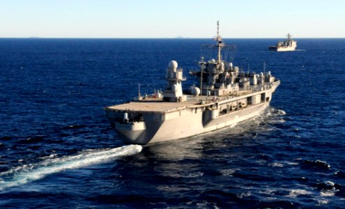 US Navy 110722-N-XG305-526 The U.S. 7th Fleet command ship USS Blue Ridge (LCC 19) transits alongside the amphibious dock landing ship USS Germanto