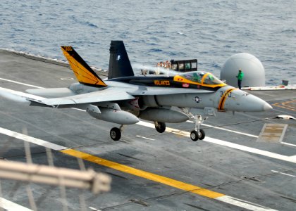 US Navy 110718-N-VA590-025 An F-A-18 Hornet assigned to the Vigilantes of Strike Fighter Squadron (VFA) 151 lands aboard the aircraft carrier USS A