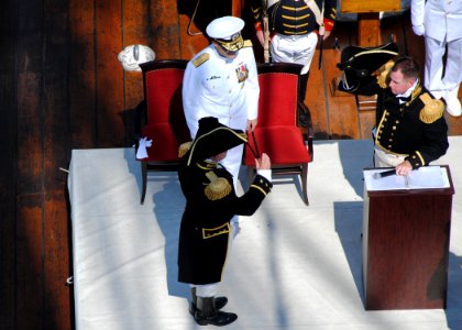 US Navy 110722-N-SH953-610 Cmdr. Matt Bonner relieves Cmdr. Tim Cooper during a change of command ceremony on the top deck of USS Constitution